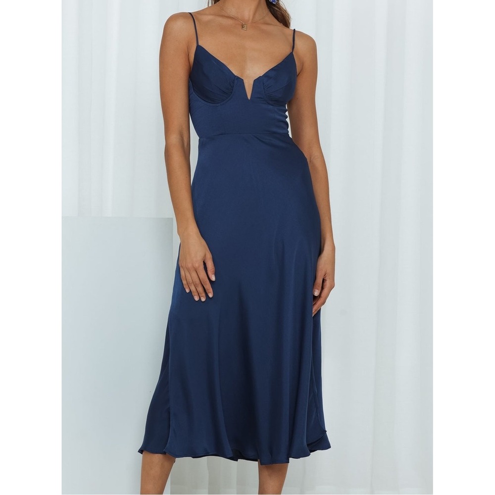 HERE COMES THE SUN Navy Satin Bustier Midi Slip Dress US XS Wedding Guest